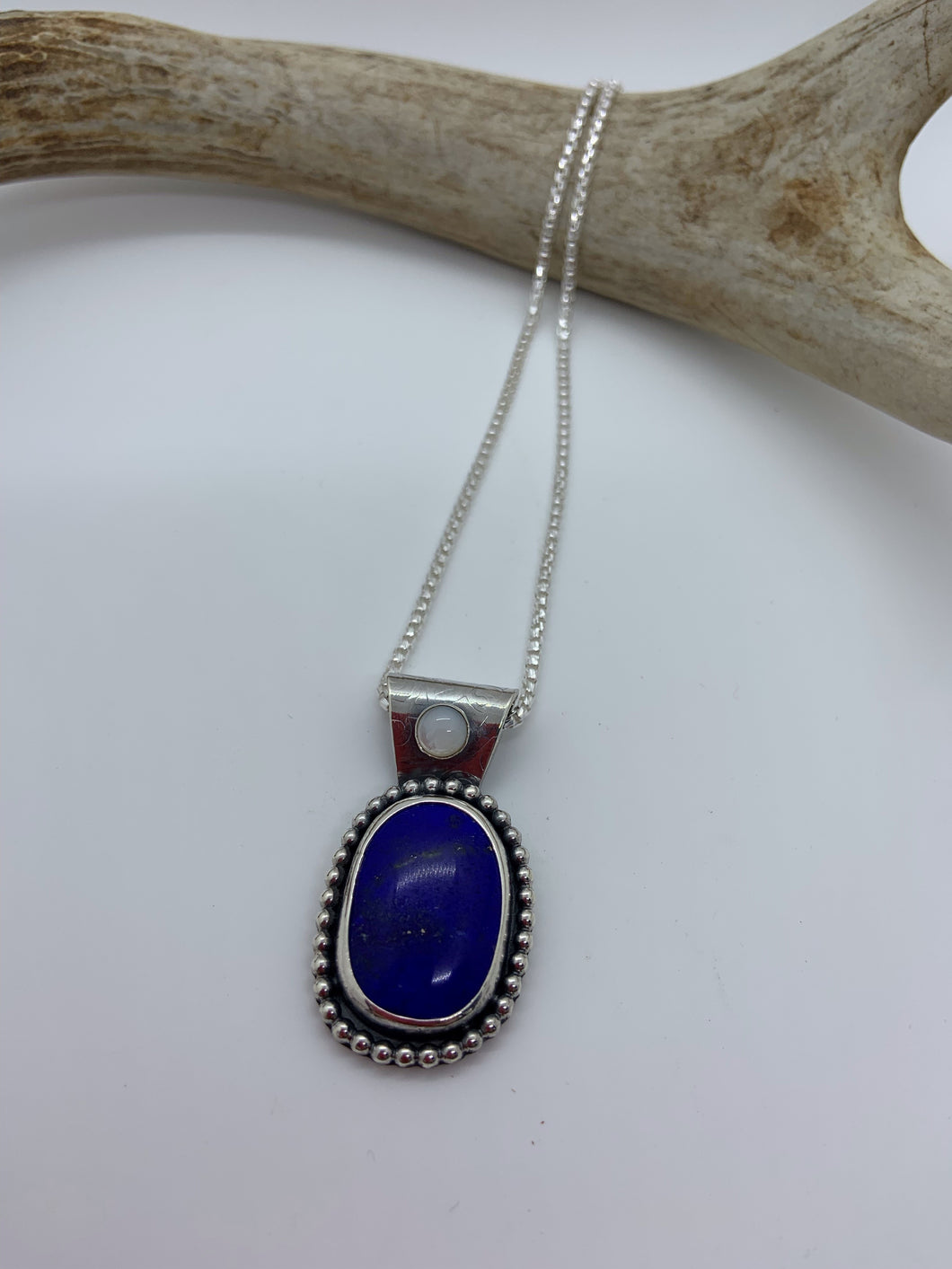 Lapis and sterling silver pendant with Mother of Pearl accent stone on an Italian sterling silver box chain