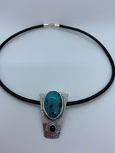 Load image into Gallery viewer, Morenci Turquoise pendant with black onyx accent stone on 18 inch 4mm leather cord
