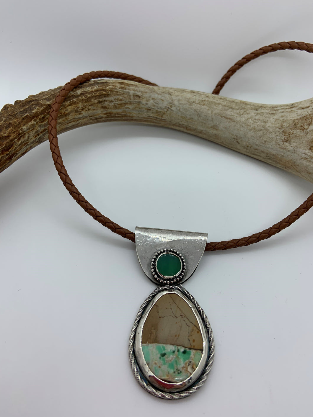 Sterling silver Chrysoprase and Variscite pendant on a medium brown braided 18 “ leather cord.