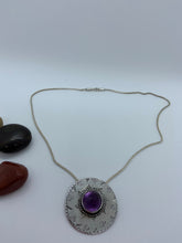 Load image into Gallery viewer, Sterling silver, hand stamped fancy faceted amethyst pendant on an 18 “ sterling silver wheat  chain
