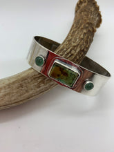 Load image into Gallery viewer, Sterling silver cuff bracelet with a square Bamboo Mountain turquoise stone and  2 Adventurine accent stones
