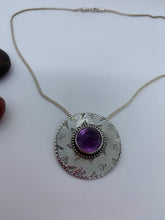 Load image into Gallery viewer, Sterling silver, hand stamped fancy faceted amethyst pendant on an 18 “ sterling silver wheat  chain
