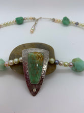 Load image into Gallery viewer, Freshwater pearl and Chrysocolla necklace with sterling silver pendant with Variscite stone.
