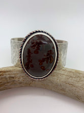 Load image into Gallery viewer, Heavy hand-textured sterling silver cuff bracelet with Flower Jasper cabochon.
