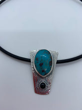 Load image into Gallery viewer, Morenci Turquoise pendant with black onyx accent stone on 18 inch 4mm leather cord
