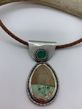 Load image into Gallery viewer, Sterling silver Chrysoprase and Variscite pendant on a medium brown braided 18 “ leather cord.
